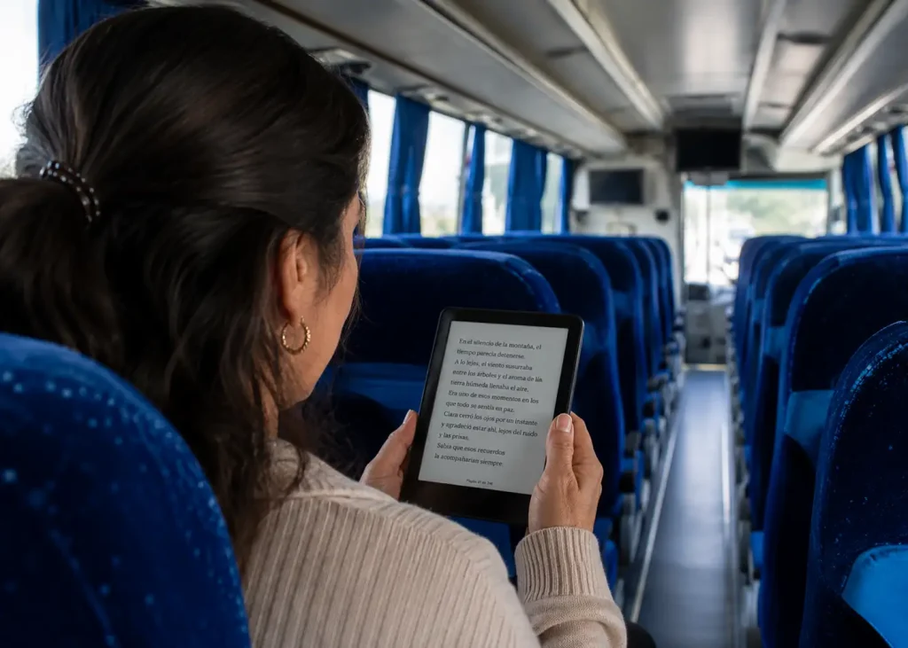 Persona leyendo un libro electrónico durante un trayecto