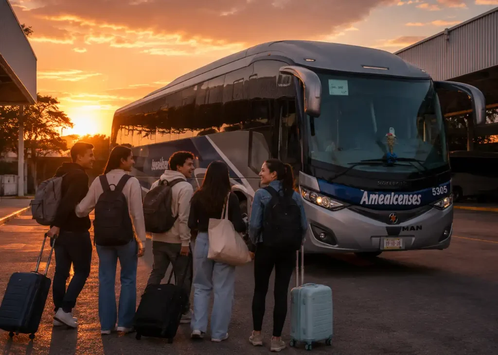 Amigos realizando un viaje en autobús por Querétaro