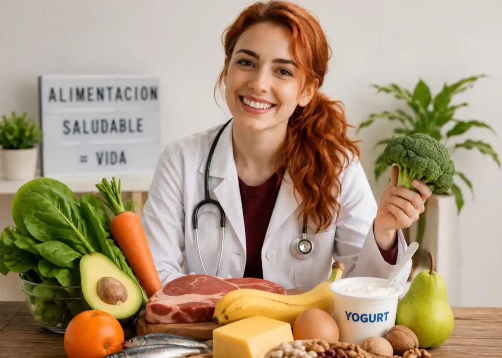 Nutricionista mostrando alimentos saludables para promover una alimentación equilibrada antes de viajar con Amealcenses.