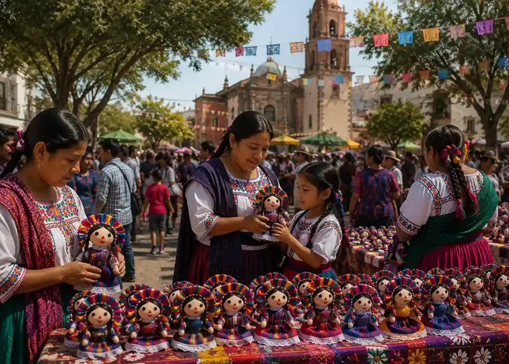 Artesanas otomíes exhibiendo muñecas Lele durante una celebración del Día Internacional de los Pueblos Indígenas en Amealco.