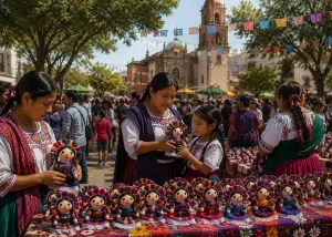 Artesanas otomíes exhibiendo muñecas Lele durante una celebración del Día Internacional de los Pueblos Indígenas en Amealco.