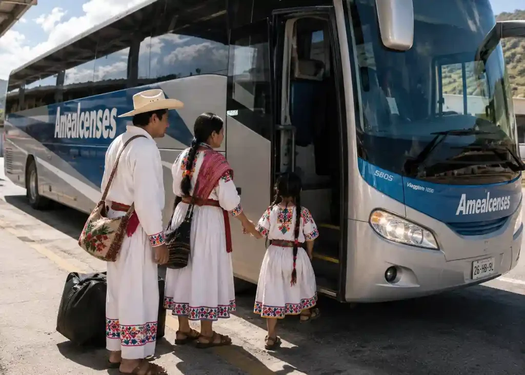 Familia otomí abordando un autobús de Amealcenses para viajar durante el Día Internacional de los Pueblos Indígenas.