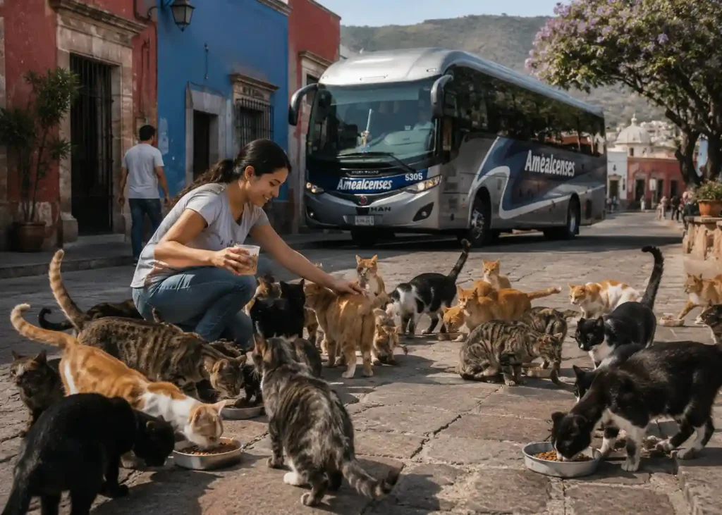 Persona alimentando y acariciando una colonia de gatos en Querétaro con un autobús de Amealcenses al fondo durante el Día Internacional del Gato.